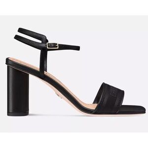 Dior Dway Heeled Sandal Embroidered Satin Black Ankle Strap Block Heel Pump 35